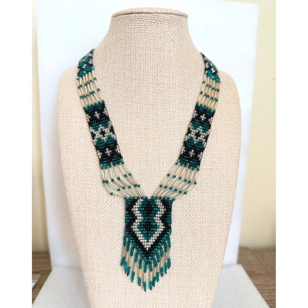 Vintage Native American Style Seed Bead Fringe Statement Necklace Teal Silver D